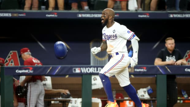 Rangers right fielder Adolis García celebrates his walk-off home run against the Diamondbacks in Game 1 of the World Series on Oct. 27, 2023.